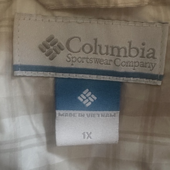 Columbia Omni Shield Jacket Size 1X Beige Plaid Hooded Down Puffer Pockets - Picture 12 of 14